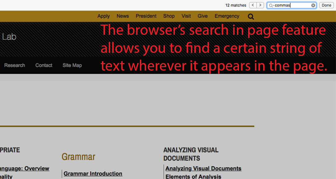 This image shows a close-up view of a browser's search-in-page feature. Red text reads, 