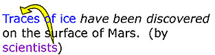 The passive voice sentence, traces of ice have been discovered on the surface of Mars, no longer specifies the agent (scientists) and now uses the passive voice because the verb's object (traces of ice) is now the subject.
