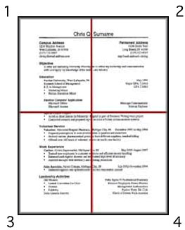 Image shows a sample resume (8.5 inches by 11 inches) split into four equal quadrants.