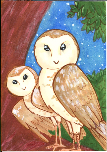 This image shows two owls, one standing in front of the other, perched on a tree limb.
