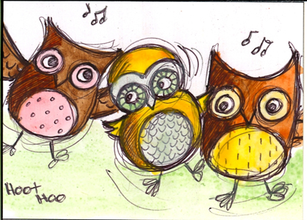 This image shows three owls dancing to music.