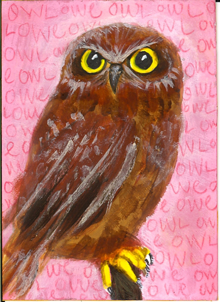This image shows an owl on a limb in front of the word 'owl' written across a pink background.