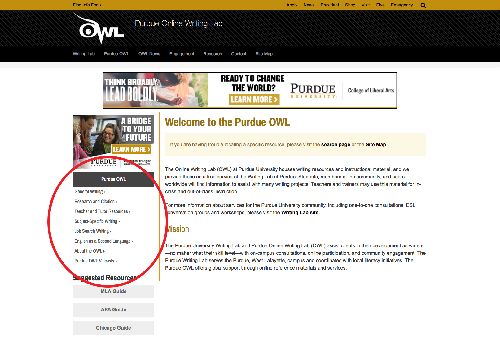This image shows the OWL homepage with the navigation menu highlighted.