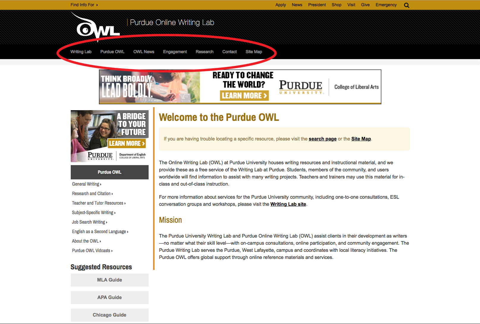 This image shows the OWL homepage with the site section links highlighted.