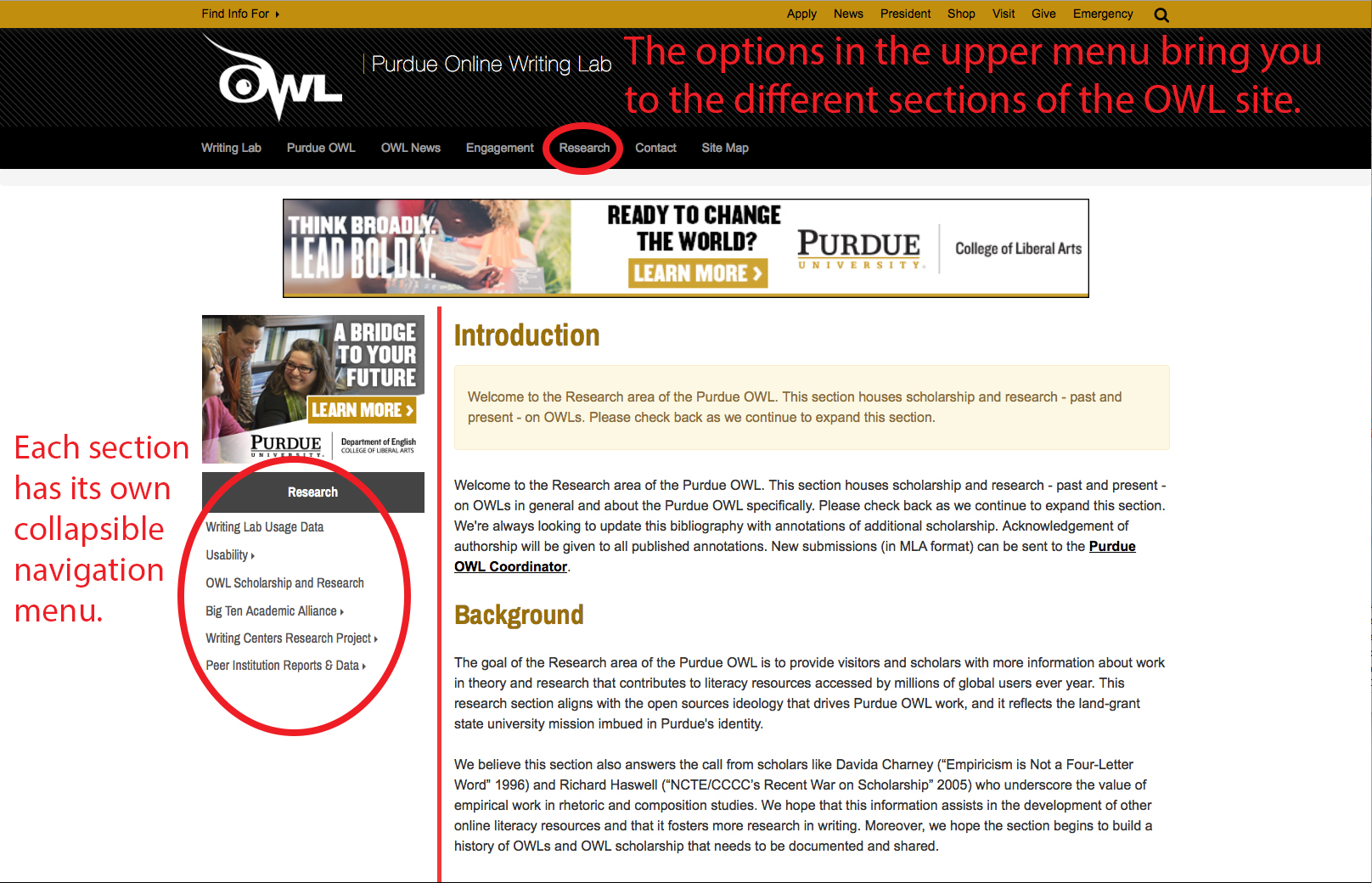 This image shows an OWL page with both the section links and the side navigation menu highlighted. Red text reads, 