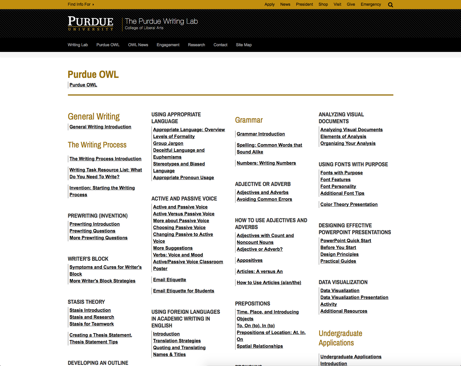 This image shows the OWL site map, which contains a link to every page on the OWL.