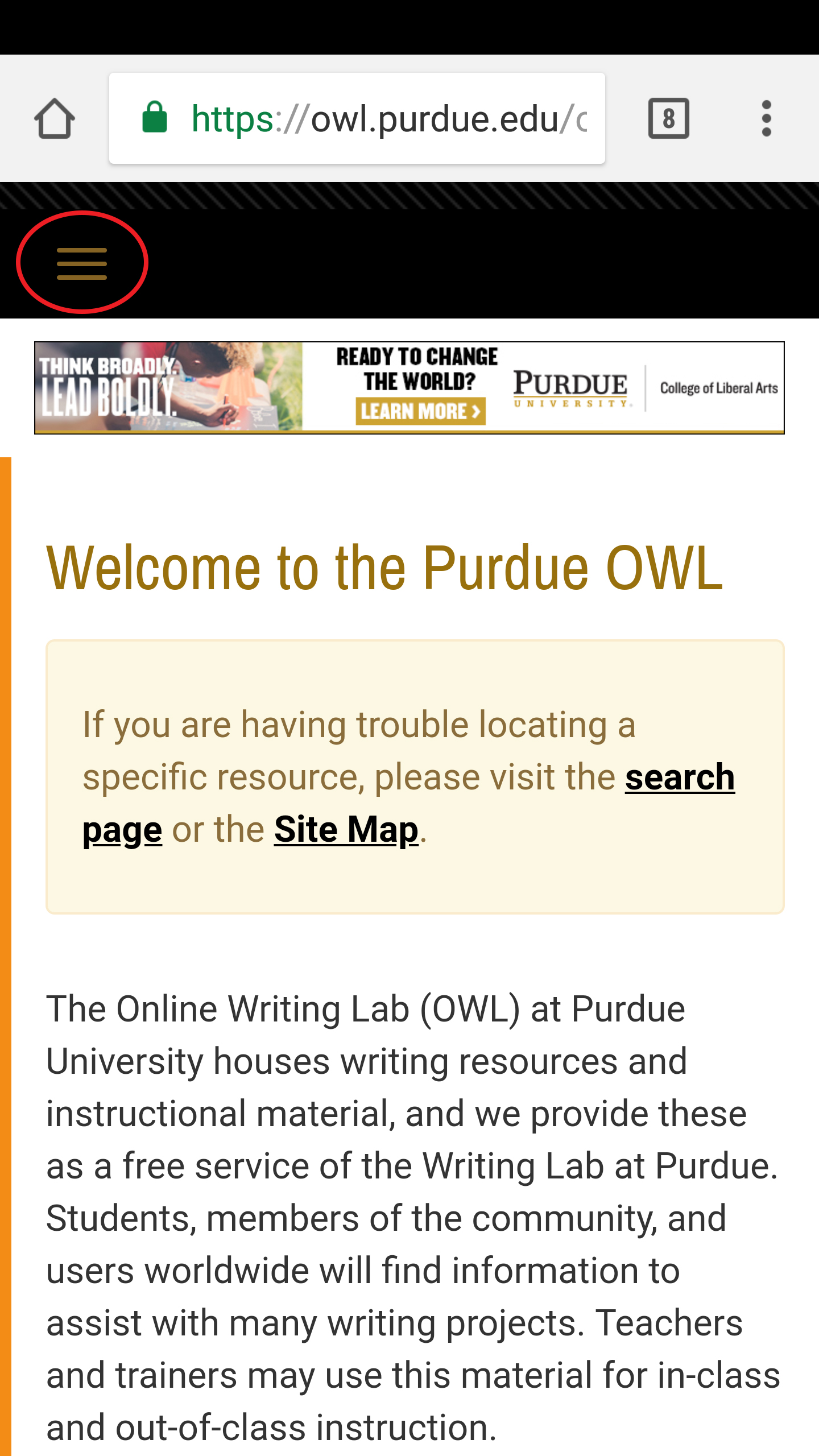 This image shows the OWL homepage on a cellphone screen with the location of section links highlighted.