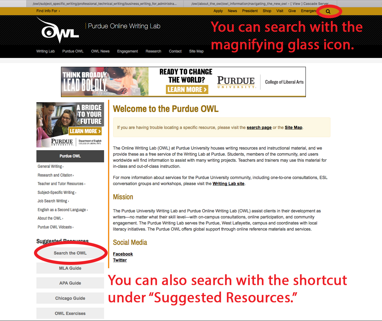 This image shows the OWL homepage with the magnifying glass search icon and the 
