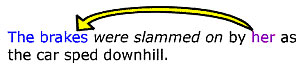 The subject (the brakes) is being acted upon by another individual (her) in the sentence, the brakes were slammed on by her as the car sped downhill.