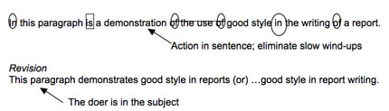 Original: In this paragraph is a demonstration of the use of good style in the writing of a report. The action in the original sentence is a noun (demonstration). Revision: This paragraph demonstrates good style in reports (or)...good style in report writing. The action in the revised sentence has been shifted to the verb (demonstrates). 