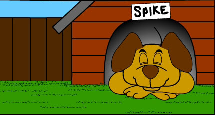 This image shows a dog lying in his doghouse.