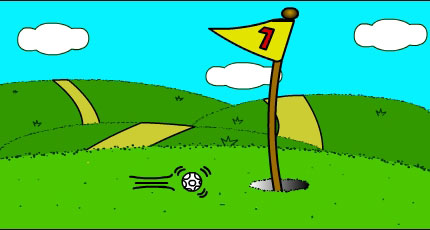 This image shows a golf ball rolling towards the hole of the putting green.