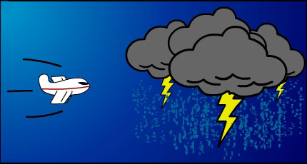 This image shows a plane flying toward a storm cloud. It is raining and lightning is striking.