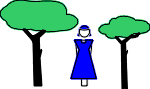 The girl is standing between two trees.