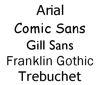 This image shows popular sans serif fonts. These include Ariel, Comic Sans, Gill Sans, Franklin Gothic, and Trebuchet.