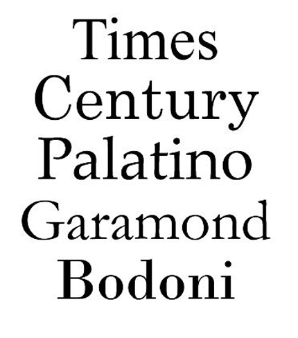 This image shows a number of popular serif fonts. These include Times, Century, Palatino, Garamond, and Bodoni.
