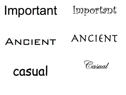 This image shows two different columns of fonts. The left column shows fonts used appropriately for their purposes. The right column shows fonts that contradict or do not match their rhetorical situation. For example, row one column one shows the word Important in a bold sans serif font. Row one column two shows the word Important in a fun font.