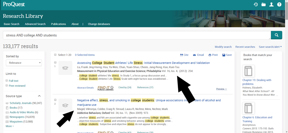 This image shows a set of academic research papers found via the ProQuest Research Library search engine, each accompanied by bibliographic information.