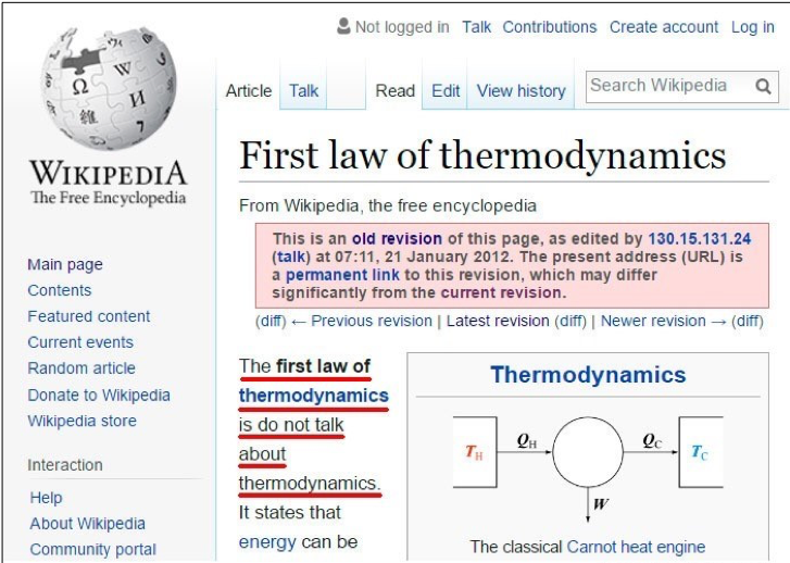 This image shows a Wikipedia page that has been vandalized as a prank.