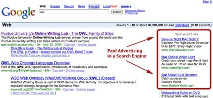 Screenshot from a google search that points out paid advertising links in the right-hand side of the page. 