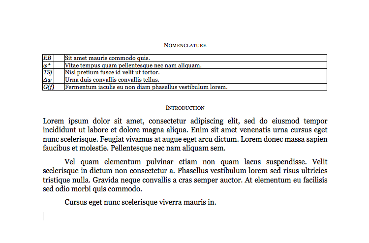 This image shows the same document as above, but the table used to format nomenclature section now has its borders set to visible. This reveals how tables with invisible borders can be used to format text attractively.