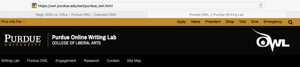 This image shows a screenshot of a Safari browser window cropped so that it is centered on the Purdue OWL homepage URL, visible in the address field.