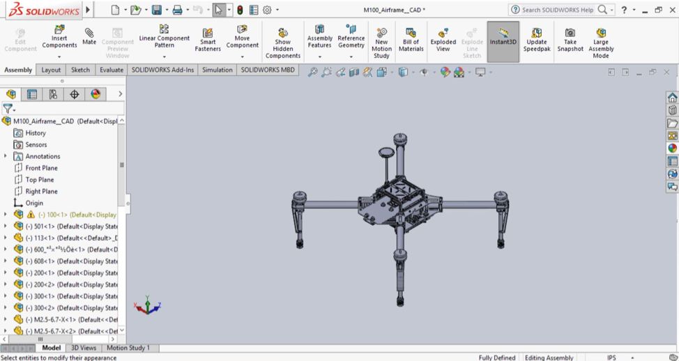 This image shows a CAD rendering of the DJI Matrice 100 quadcopter airframe.